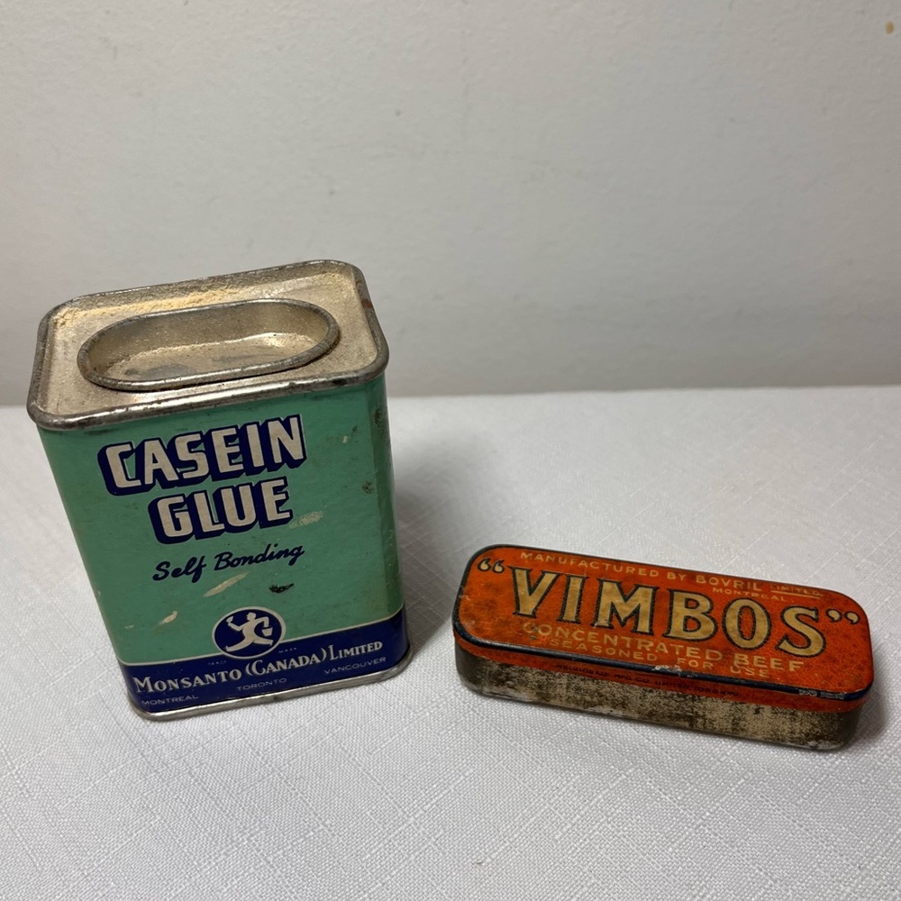 Vintage tins. Perfect for decor. Vimbos and Casein glue.
